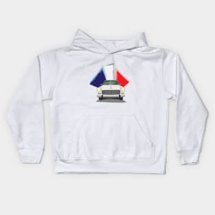 Illustration of a White Peugeot 404 with the French Flag Behind Kids Hoodie